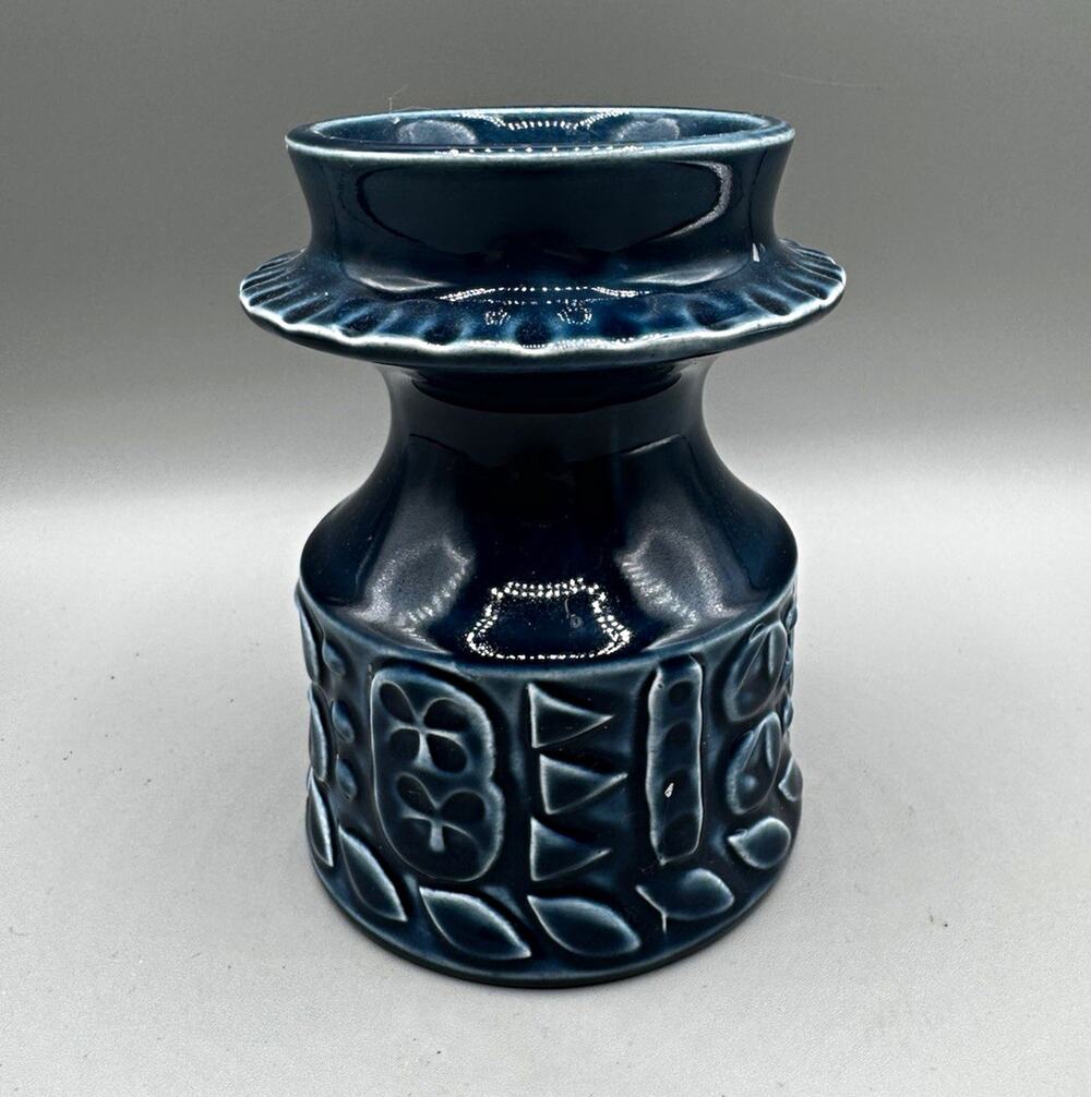 Mid Century Modern Blue Ceramic Abstract Pattern Candle Holder Low Vintage